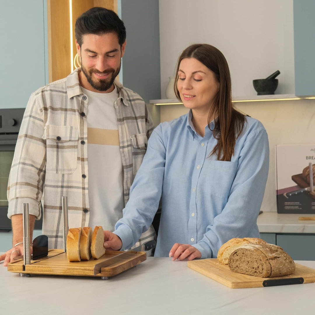 Acacia Wood Bread Slicer with 21-Inch German Stainless Steel Knife – Adjustable Thickness for Sourdough & Sandwich Loaves